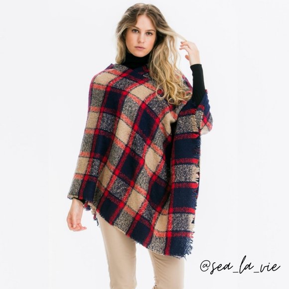 Sea La Vie Sweaters - Navy Chic Plaid Fringed Blanket Poncho Sweater